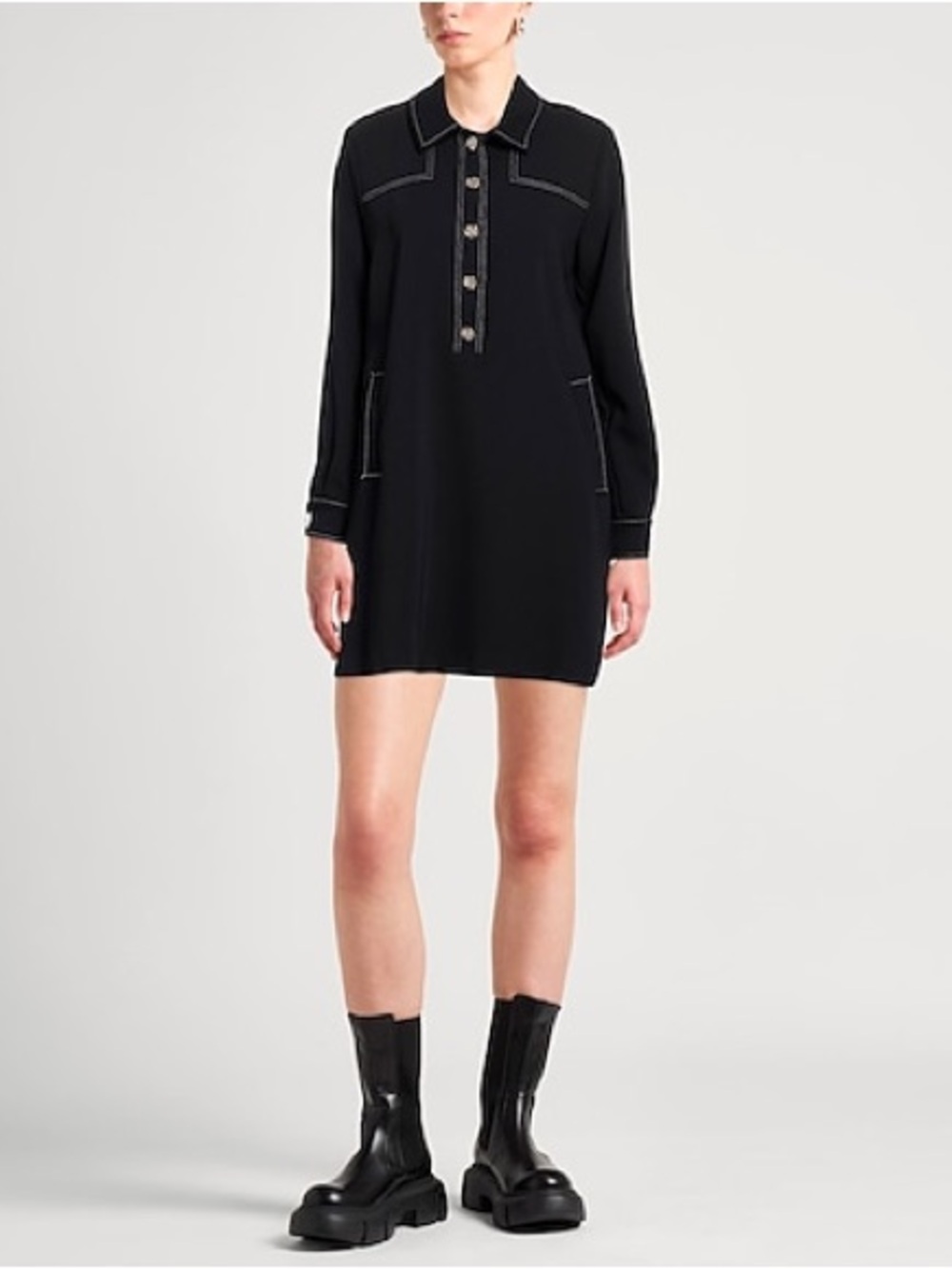 SUNCOO Black Polo-Style Long-Sleeve Mini Dress
